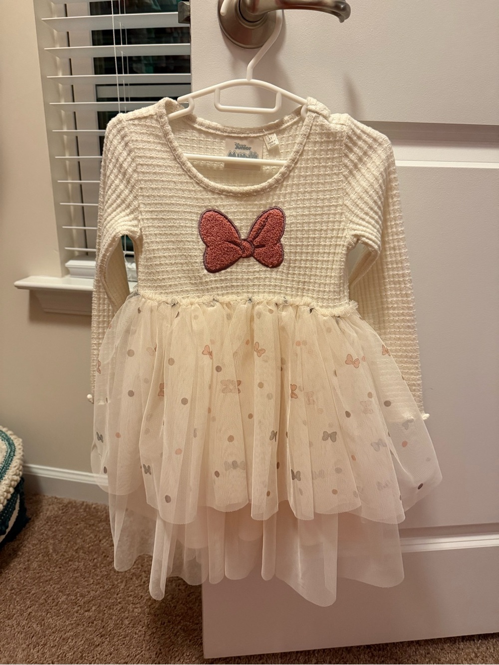 Cream Knit Tulle Bow Dress with Pink Minnie Accent Bow